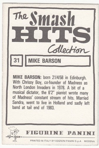 MIKE BARSON SMASH HITS PANINI STICKER AUTOCOLLANT 1980's - Picture 2 of 2