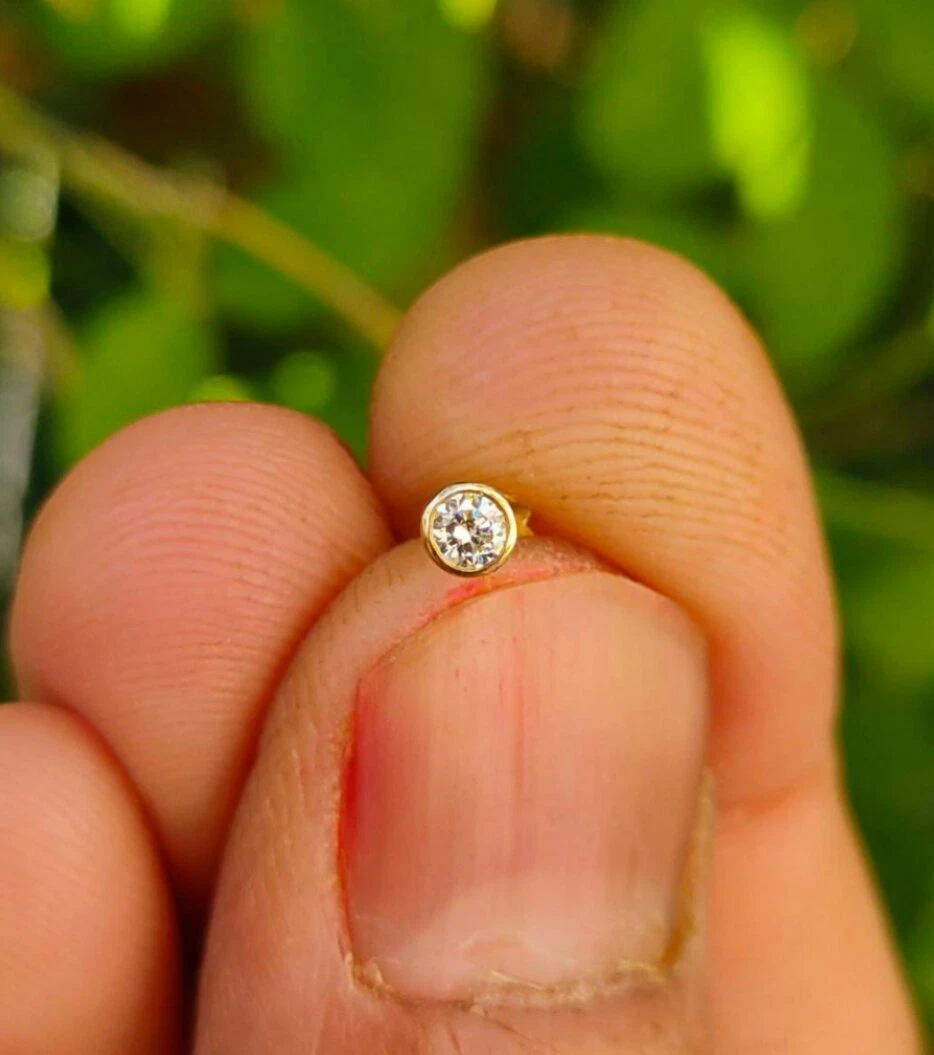 Solitaire Diamond Nose Ring 14k Solid Gold Bezel Set Diamond Body