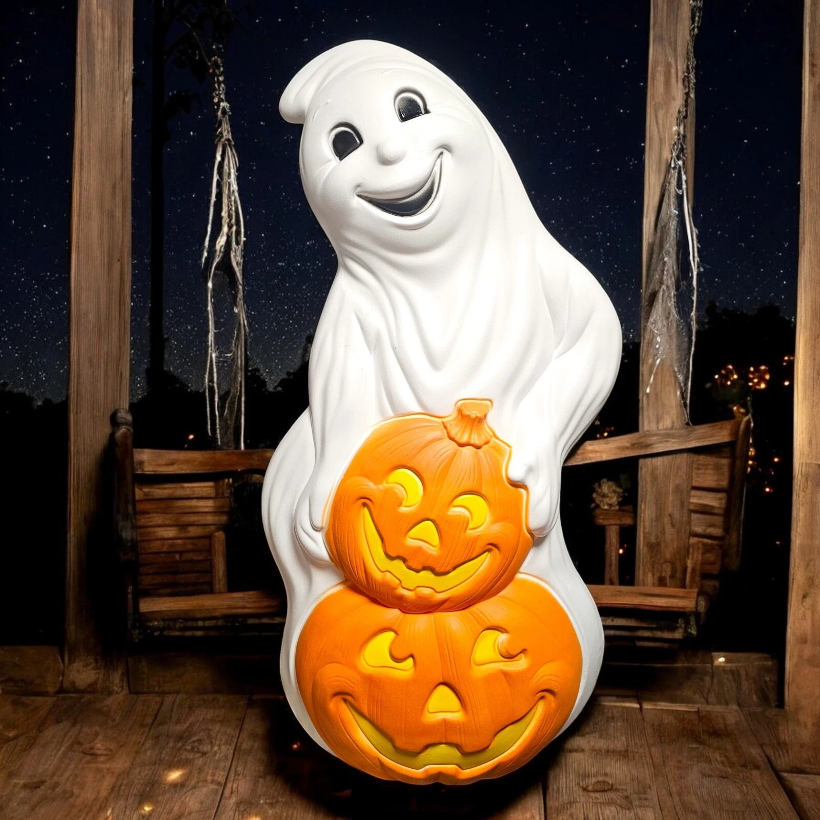 Halloween Ghost With Pumpkins Blow Mold Jack O Lanterns Light Up Yard Decor 31"