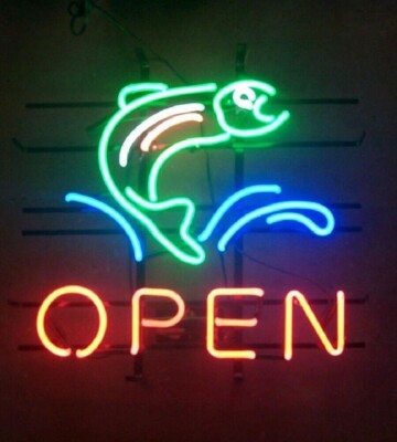 Fish Open  Neon Sign 19X15 Bar Pub Cave Restaurant Wall Window Display