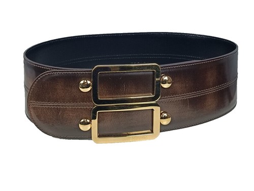 Vintage ESCADA Brown Embossed Leather Gold Accented Belt sz  display picture 2