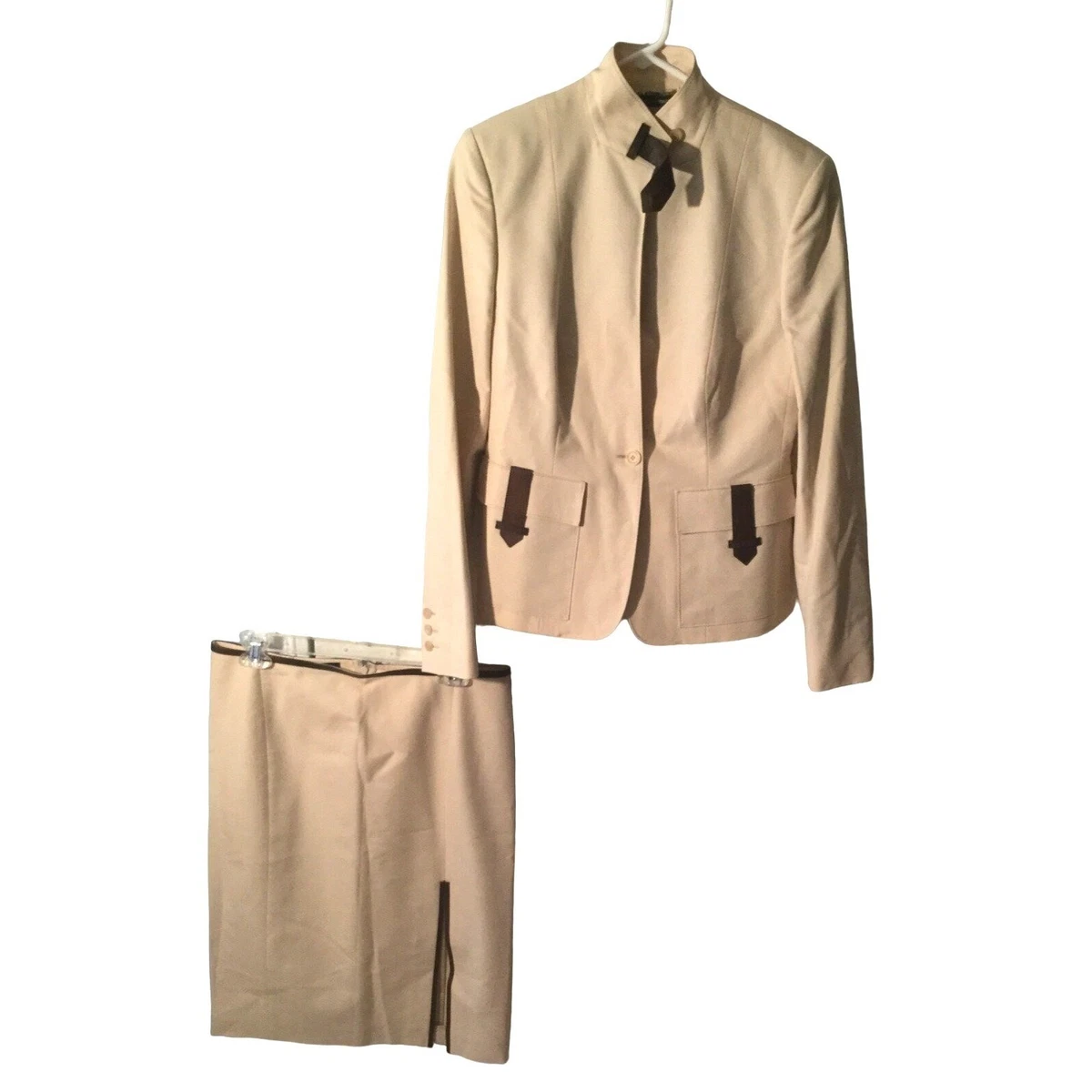 Gucci Women's Jacket and Skirt Brown Leather Trim Padded Shoulders Tan Size 44 M
