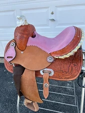 Last saddle! Gorgeous Kids 12 inch Western Pink Suede Hand Carved horse saddle