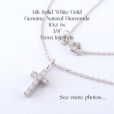 14K SOLID WHITE GOLD NATURAL DIAMOND SMALL CROSS PENDANT NECKLACE .10ct 3/8  SI1