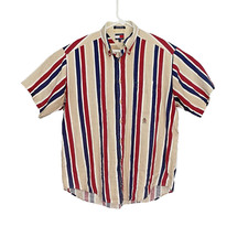 Tommy Hilfiger Shirt Men M Red White Blue Linen Blend Short Sleeve Summer Button