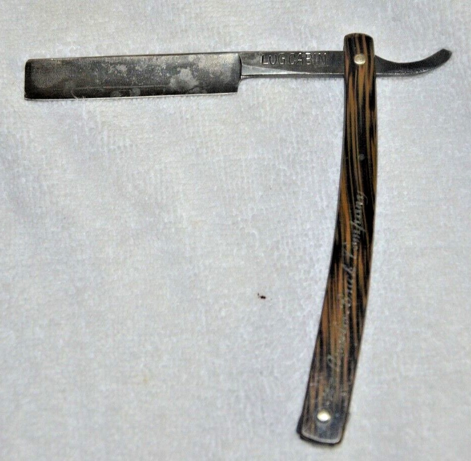 Vtg Union CUTLERY NY Straight BLADE Razor LOG CABIN LOS ANGELES