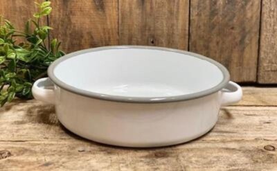 NEW Farmhouse BAKER Enamelware GRAY WHITE Retro Style Enamel 2''H x 9''W Kitchen