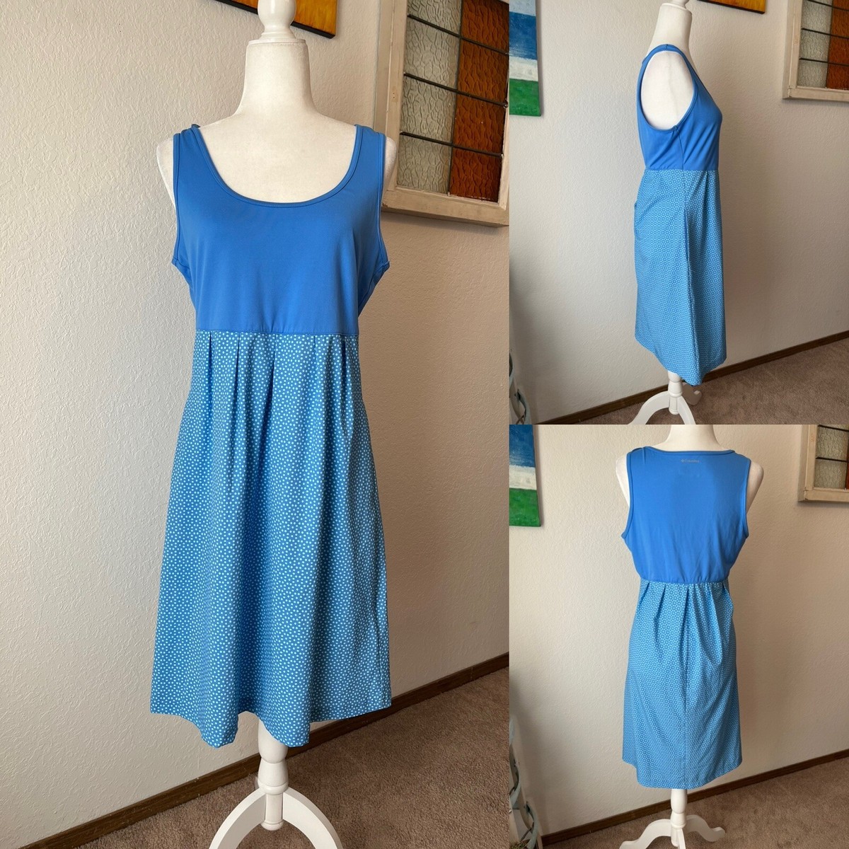 Columbia Omni Shade Blue Polka Dot Marakesh Maven Tank Dress Wm Md Pockets Logo Columbia Omni Shade Blue Polka Dot Marakesh Maven Tank Dress Wm Md Pockets Logo
