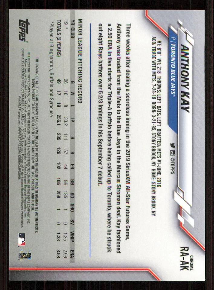 2020 Topps Chrome Rookie AUTO #RAAK Anthony Kay - Image 2 of 2