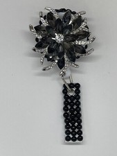 Bling Jewelry ID Badge Reel Black  Silver Rhinestone Flower Handmade