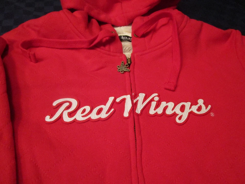 全新带标签 "TOUCH" 底特律红翼 HOCKEY ZIP SHERPA 连帽运动衫夹克 红色 LG — 第 3/4 张图片