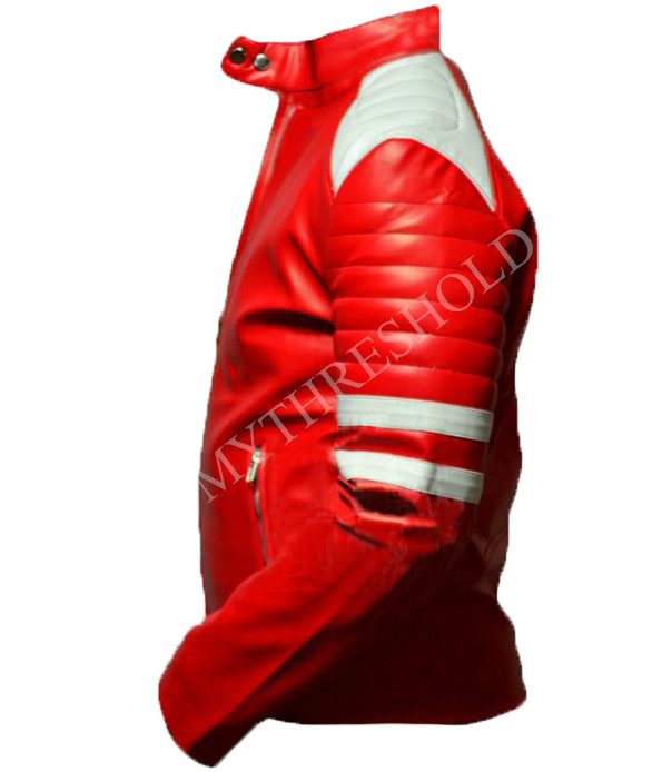 New Mens Fight Club Retro Mayhem RED Leather Jacket WHITE STRIPE