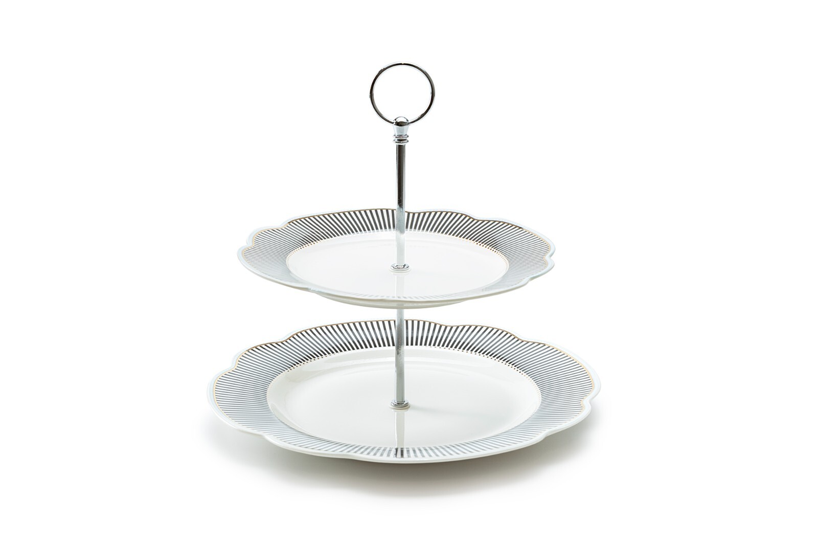 Grace Teaware Dark Grey Stripes Gold Dots Scallop Fine Porcelain 2-Tier Server