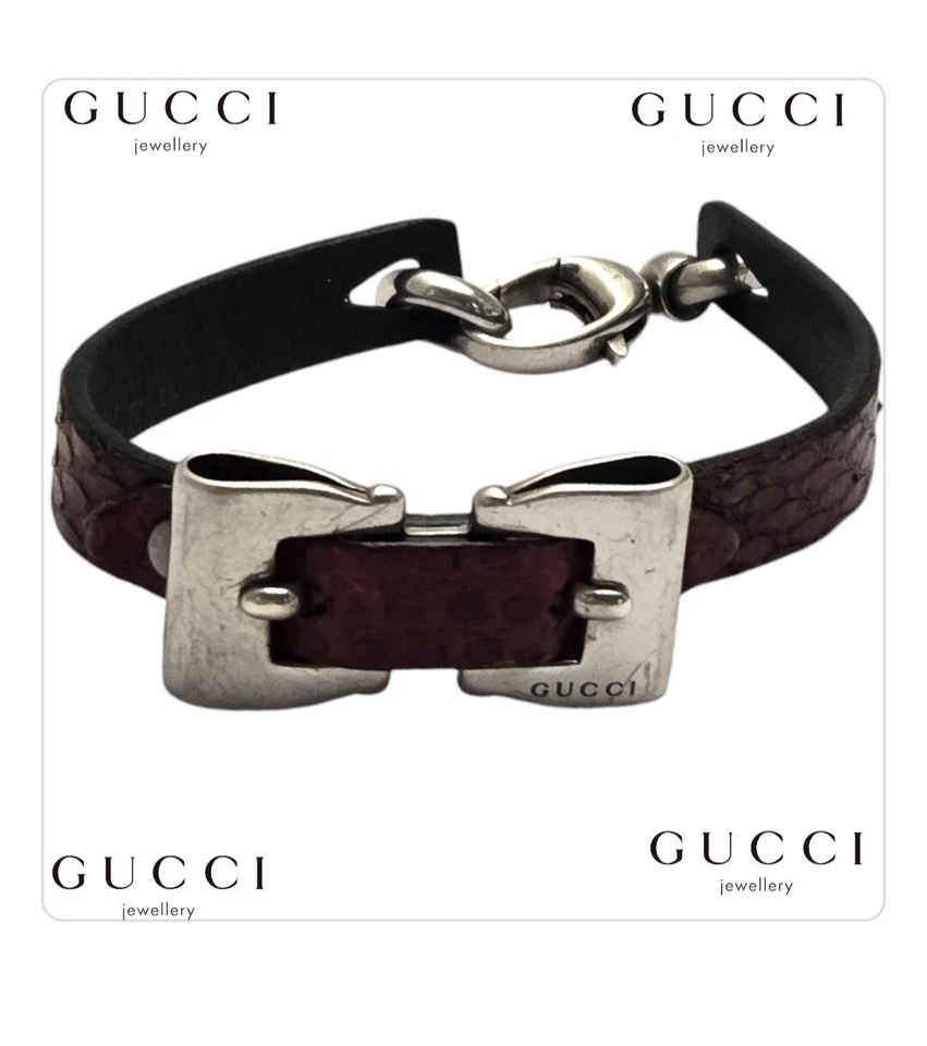 Gucci Auténtico Brazalete Plata Esterlina Cinta Logo Cuero Para Mujer Hombre Rojo Foto 4 de 4