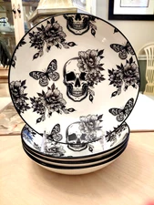 ZRIKE HALLOWEEN SKULL DINNER PASTA BOWLS SET OF 4 BUTTERFLY FLOWERS CERAMIC