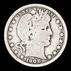 1908 USA. Barber Quarter. New Orleans Mint. Silver. KM-114.