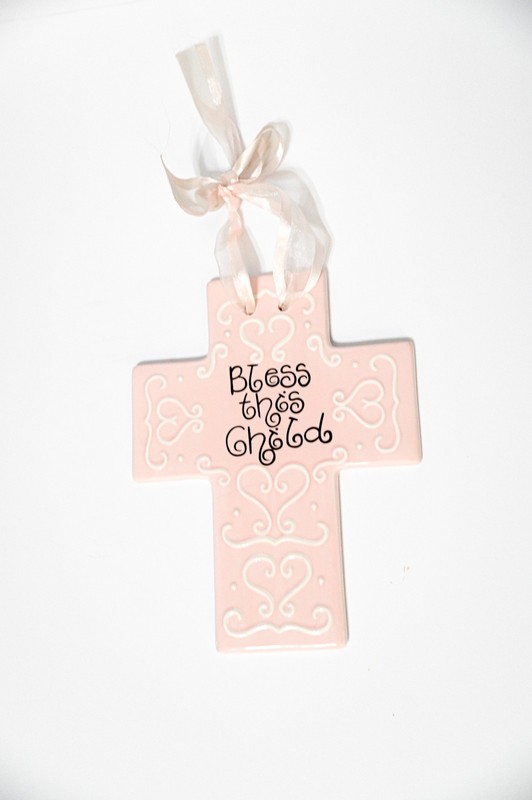 Bless This Child Pink Ceramic Wall Cross Nursery Baptism Christening Gift Ribbon