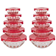 20PC Glass Bowls with Lids Set Strawberry Design Mixing Bowls Multiple Sizes