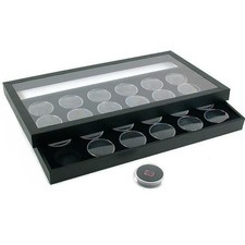 24 Gem Jars Black Display Tray Travel Case Acrylic Lid