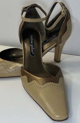 Andrew Geller Leather Ankle Strap Mary Jane Heels 8.5M Two Tone Tan Bronze Pumps