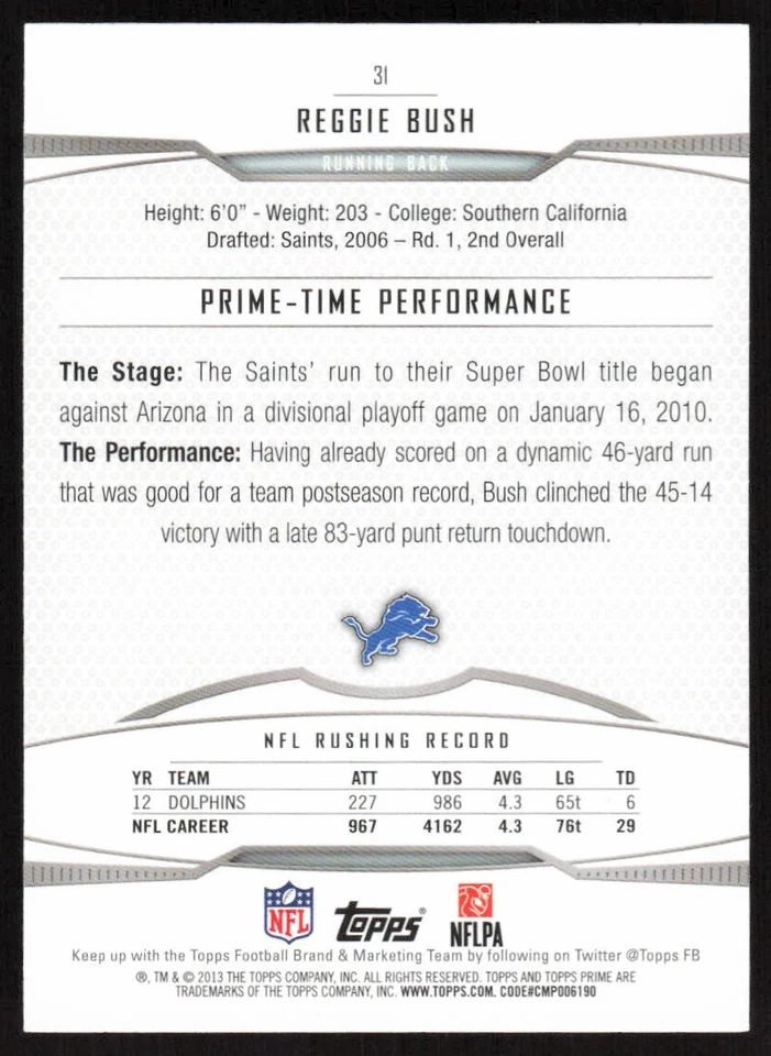 2013 Topps Prime Reggie Bush #31 Detroit Lions - Image 2 of 2
