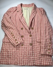 Free People M Double Breasted Blazer Women Olivia Gingham Pink Waist Tie