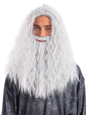Sorcerer Wizard Wig Beard Set White Halloween Fancy Dress Set Deluxe