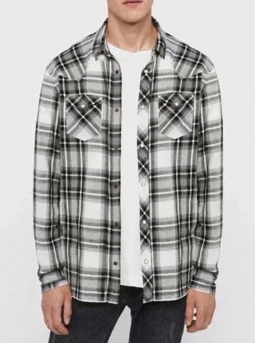 AllSaints Lonesome Men’s Plaid Western White Black Shirt XS New Without Tags