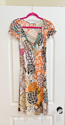 Blumarine Turquoise Beaded Signature Print Dress Y2K  It 40 Sm Orange Pink Multi