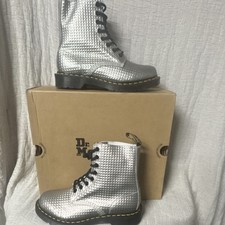 Dr. Martens Silver Textured Lace-Up Combat Boots Women's Mid-Calf Slip Resistant