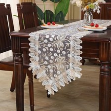 Lace Table Runner Floral Embroidery Fabric Rustic 16 x 70 Inch Champagne white