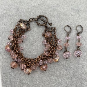 Bracelet & Earrings Set Pink Blush Aurora AB Glass Beads Sparkle Dangle Copper
