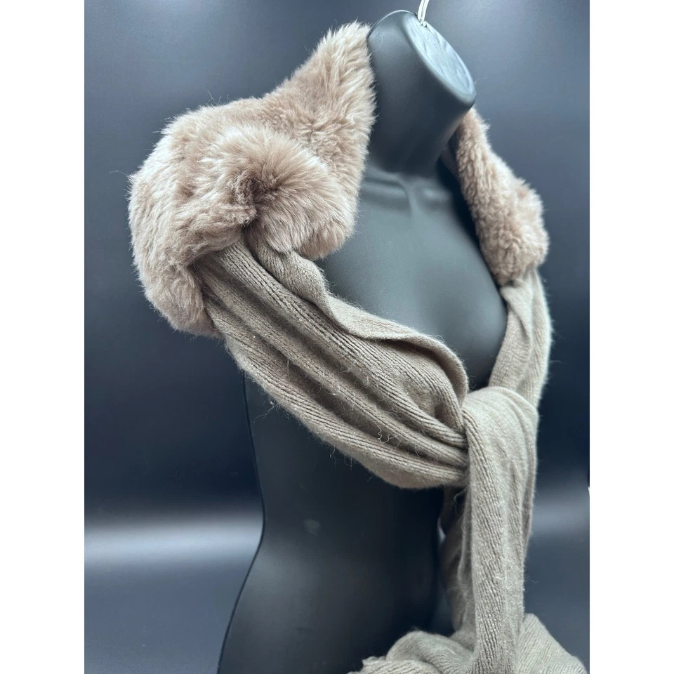 Charlie 人造毛皮领针织围巾 中性灰褐色 米色 包裹披肩 — 第 3/4 张图片