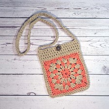 Granny Square Crochet Peach and Tan Shoulder Bag Purse Teen Crossover Bag