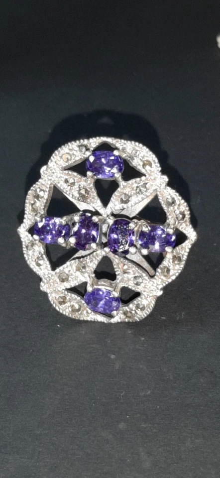 Maxi Anello Argento Ametista Ed Ematite Vintage - Immagine 2 di 4