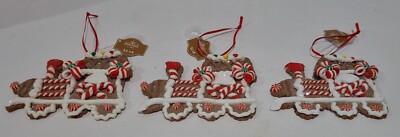 3 GINGERBREAD TRAIN COOKIE ORNAMENTS~ Christmas Red White Candy Cane Stripes~New