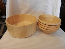 5 Piece Hand Made Wooden Bowl Set, 1 Large Bowl, 4 Small Bowls Light Oak Color