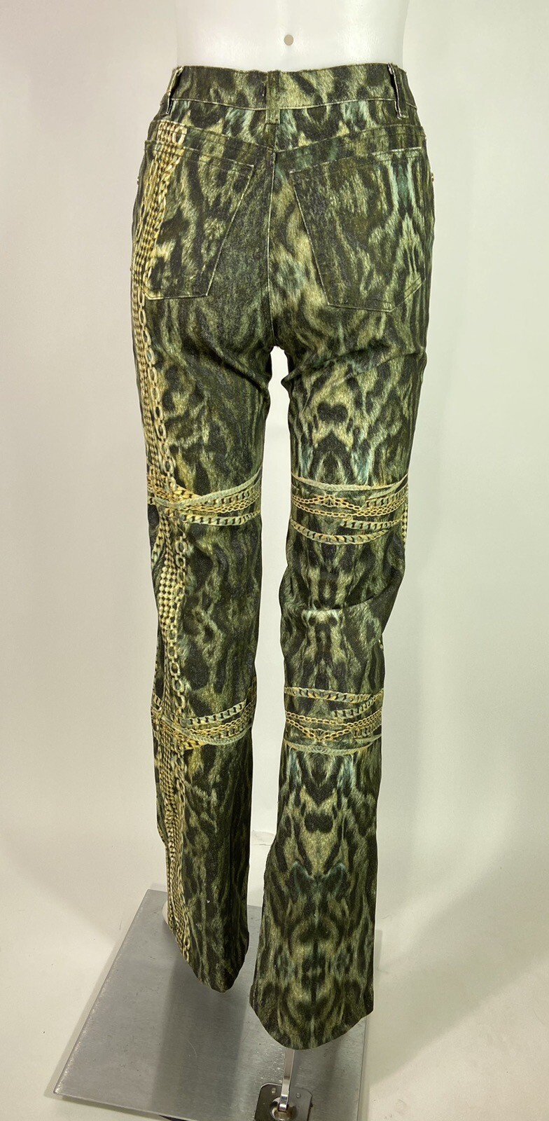 ROBERTO CAVALLI Size Medium Green Leopard & Gold Chain Print Jeans