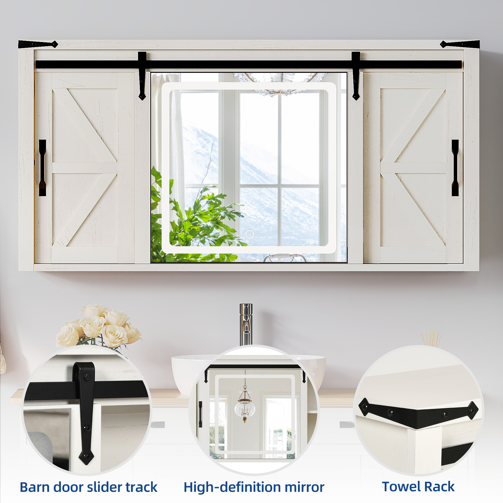 47" LED Bathroom Medicine Wall Cabinet w/ Mirror Storage Shelf Sliding Barn Door