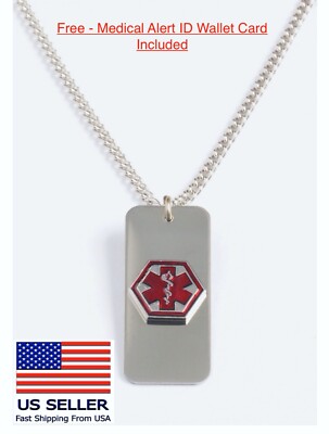 Diabetic Medical Alert ID necklace -USA made, FREE ID Wallet