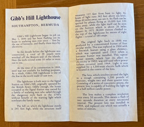 VINTAGE GIBB’S HILL LIGHTHOUSE, SOUTHAMPTON, BERMUDA LEAFLET - Picture 2 of 3