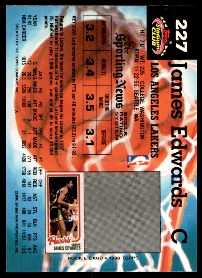 1992-93 Stadium Club James Edwards Los Angeles Lakers #227 - Image 2 of 2