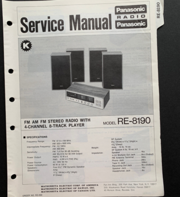 Panasonic RE-8190 FM/AM Quadraphonic 4-Channel 8-Track ORIGINAL