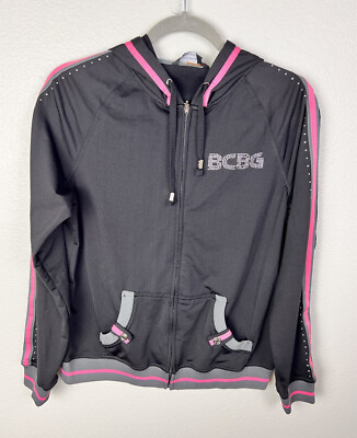 BCBG MAXAZRIA, Branded Logo Rhinestone detail Hoodie Black Pink Sz Large
