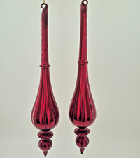 Pair Red Handblown Glass Finial Christmas Ornaments 11" Glossy Finish