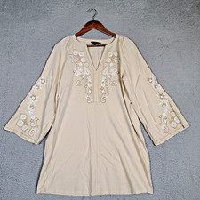 Banana Republic Mini Dress Women's XS Beige Floral Embroidered Split Neck Preppy