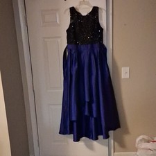 Ignite Evenings Black Sequin Hi-Low Ballgown Prom Dress Blue Satin Size 14
