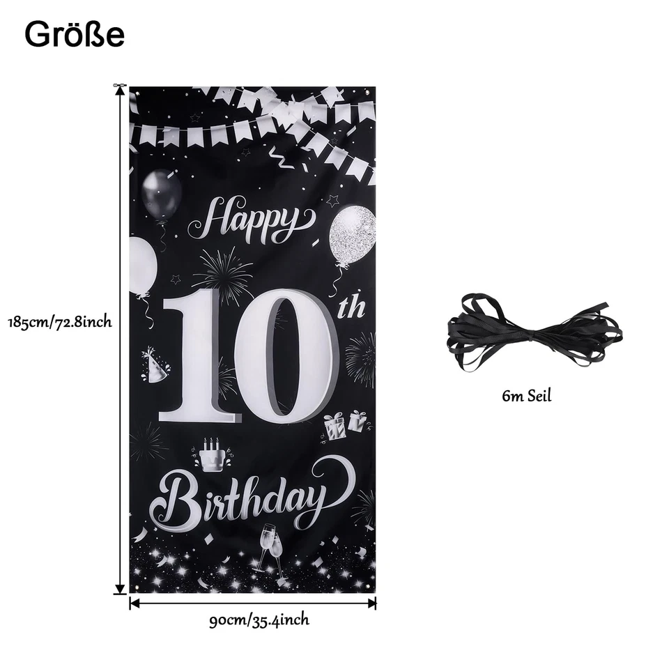 Bannière décorative pour 10e anniversaire  Noir et argenté  185 x 90 cm  10e ... - Photo 2/4