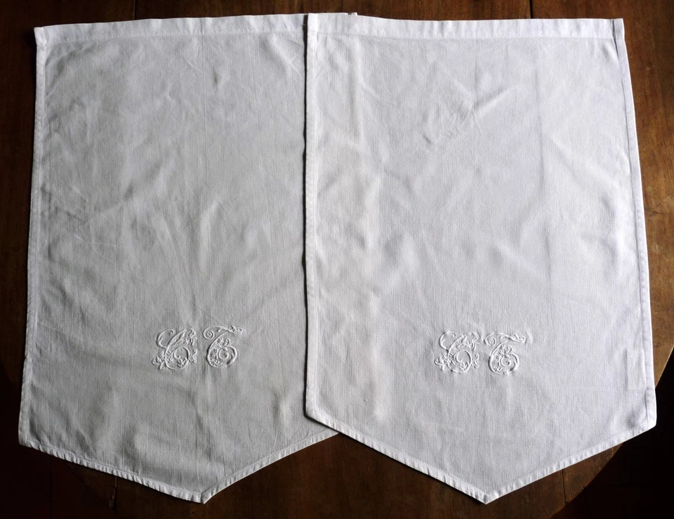 Paire de rideaux/ Brise bise/vue coton blanc en pointes monogramme CT 68 x 87 cm - Photo 2/4