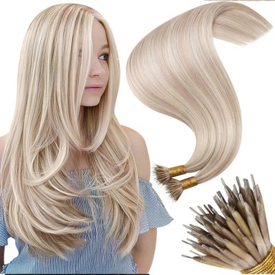 Moresoo Nano Echthaar Extensions Aschblond mit gebleichten blonden Nano Perlen